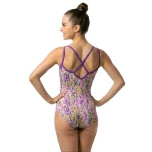 Satara VTG Pink Foiled Paint Splotch Crossback Strappy Leotard Purple Size AS